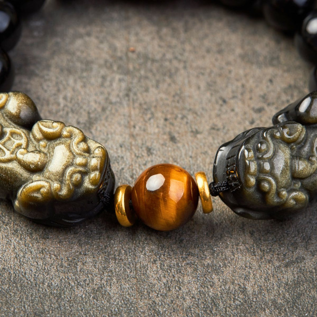 Doppel Pixiu Armband aus natürlichem Gold Obsidian - Bracelet - TaoTempel