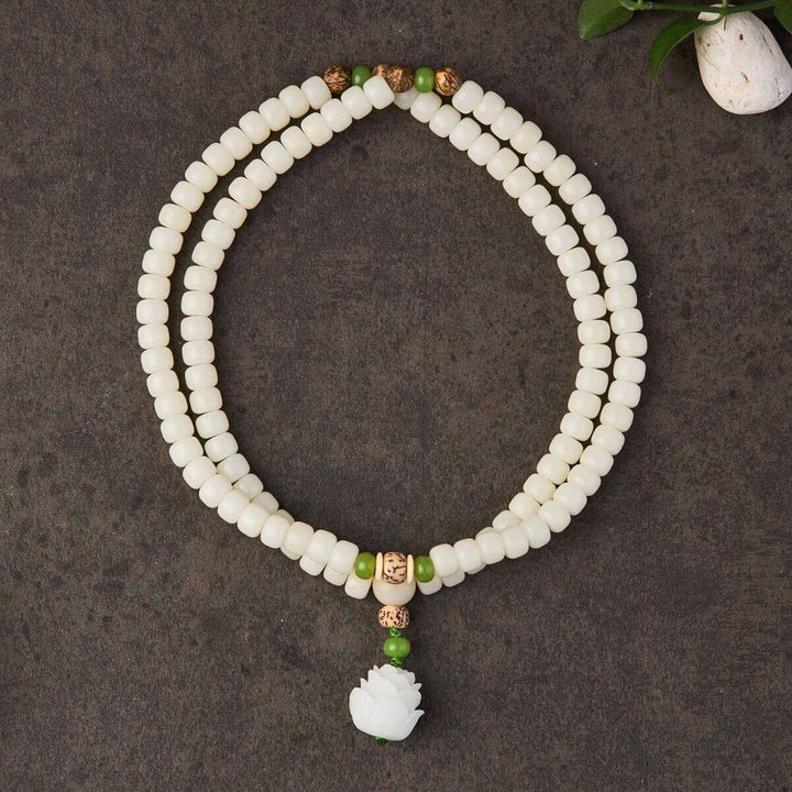 Weißes Jade Bodhi Samen Mala - 108 Perlen Armband/ Halskette - Mala Beads - TaoTempel