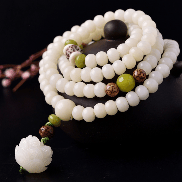 Weißes Jade Bodhi Samen Mala - 108 Perlen Armband/ Halskette - Mala Beads - TaoTempel