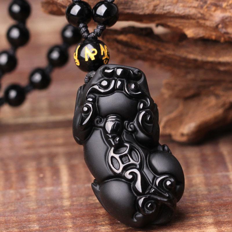 Schwarze Obsidian Halskette mit Pixiu - Schutz für Wohlstand - Necklace - TaoTempel