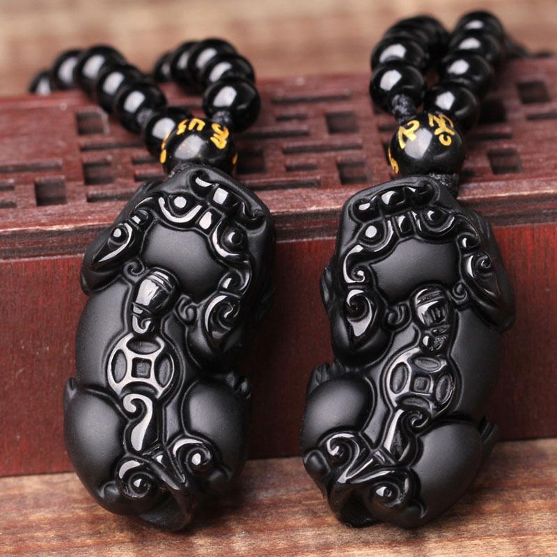 Schwarze Obsidian Halskette mit Pixiu - Schutz für Wohlstand - Necklace - TaoTempel