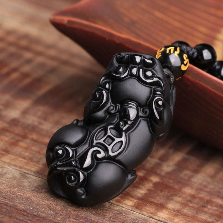 Schwarze Obsidian Halskette mit Pixiu - Schutz für Wohlstand - Necklace - TaoTempel