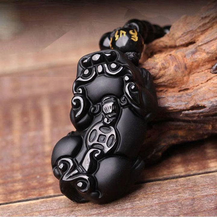 Schwarze Obsidian Halskette mit Pixiu - Schutz für Wohlstand - Necklace - TaoTempel