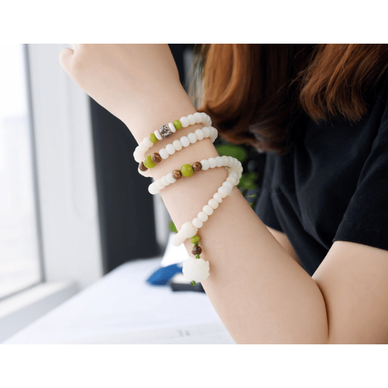 Weißes Jade Bodhi Samen Mala - 108 Perlen Armband/ Halskette - Mala Beads - TaoTempel
