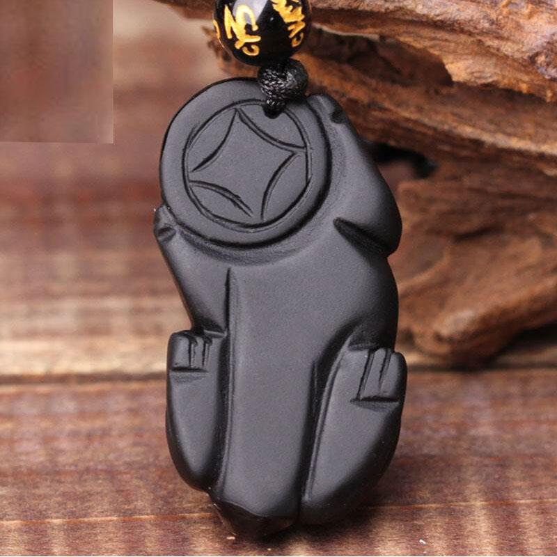Schwarze Obsidian Halskette mit Pixiu - Schutz für Wohlstand - Necklace - TaoTempel