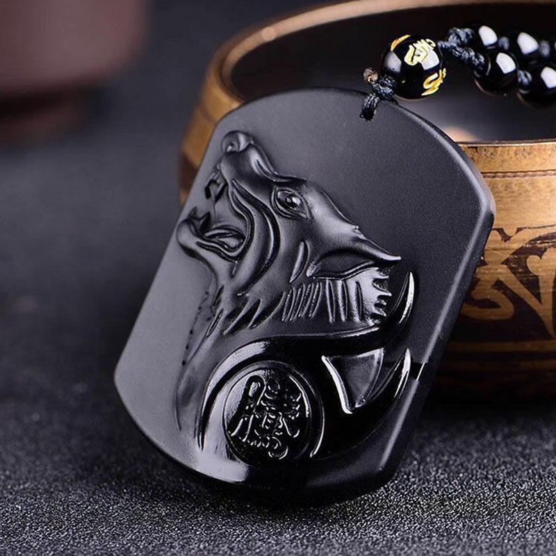 Halskette mit schwarzem Obsidian Wolf - Für Schutz - Necklace - TaoTempel