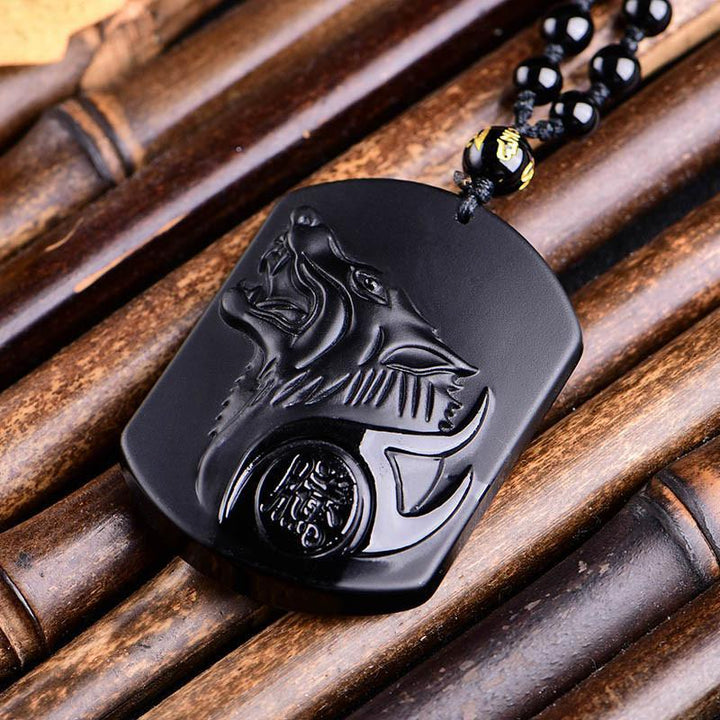 Halskette mit schwarzem Obsidian Wolf - Für Schutz - Necklace - TaoTempel