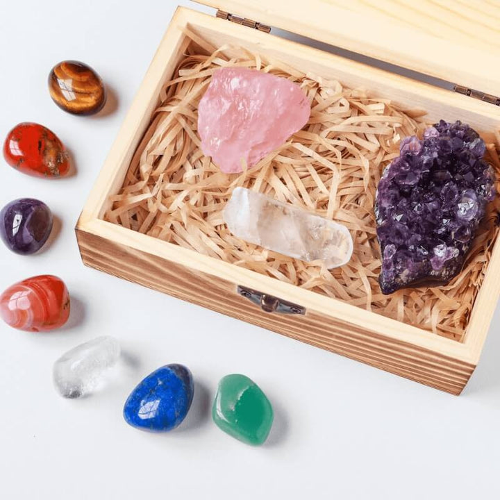 Kristall Box - Set aus 7 Chakra Steinen, Rosenquarz & Amethyst - Stones & Crystals - TaoTempel
