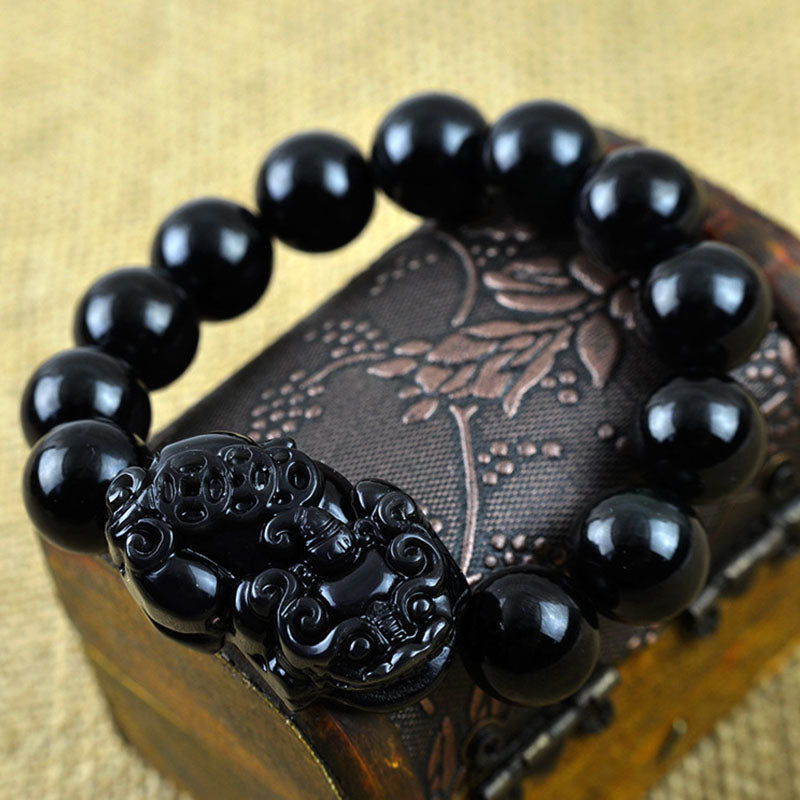 Obsidian Perlen Armband mit Pixiu - Schutz des Wohlstands - Bracelet - TaoTempel