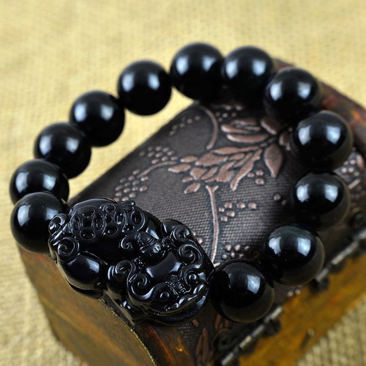 Obsidian Perlen Armband mit Pixiu - Schutz des Wohlstands - Bracelet - TaoTempel