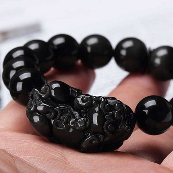 Obsidian Perlen Armband mit Pixiu - Schutz des Wohlstands - Bracelet - TaoTempel