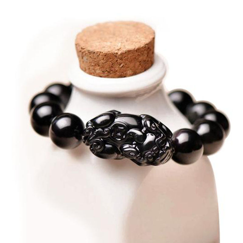 Obsidian Perlen Armband mit Pixiu - Schutz des Wohlstands - Bracelet - TaoTempel