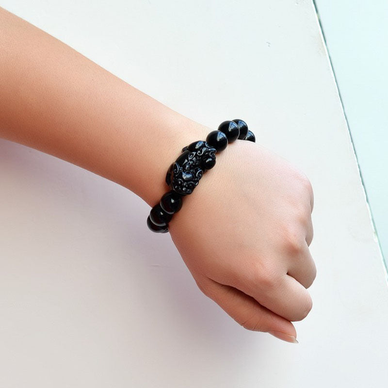 Obsidian Perlen Armband mit Pixiu - Schutz des Wohlstands - Bracelet - TaoTempel