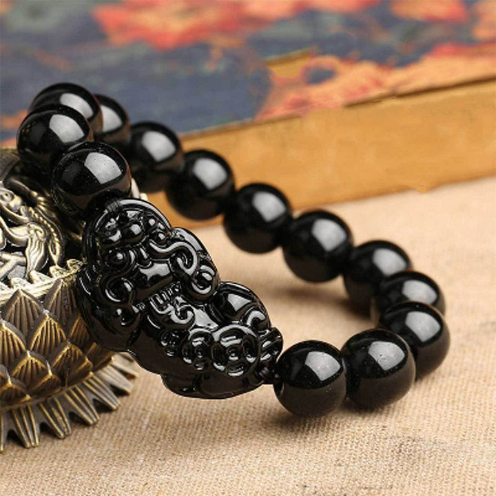 Obsidian Perlen Armband mit Pixiu - Schutz des Wohlstands - Bracelet - TaoTempel