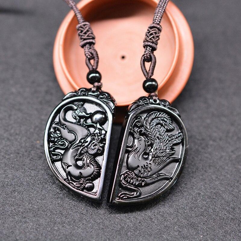 Halbes Herz Paar Halskette - Obsidian Drache & Phoenix Anhänger Set - Necklace - TaoTempel