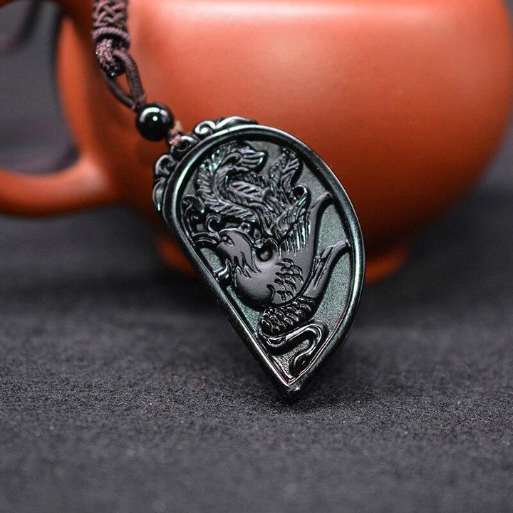 Halbes Herz Paar Halskette - Obsidian Drache & Phoenix Anhänger Set - Necklace - TaoTempel