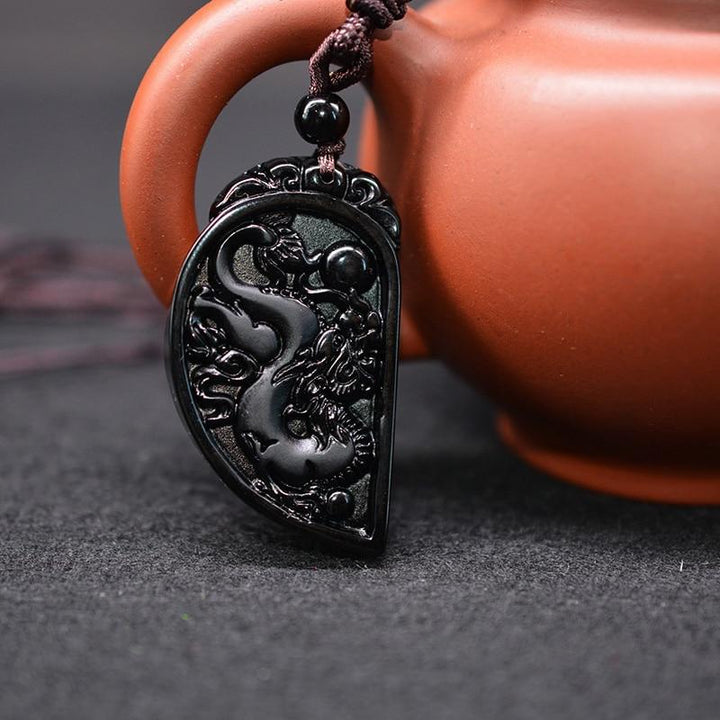Halbes Herz Paar Halskette - Obsidian Drache & Phoenix Anhänger Set - Necklace - TaoTempel