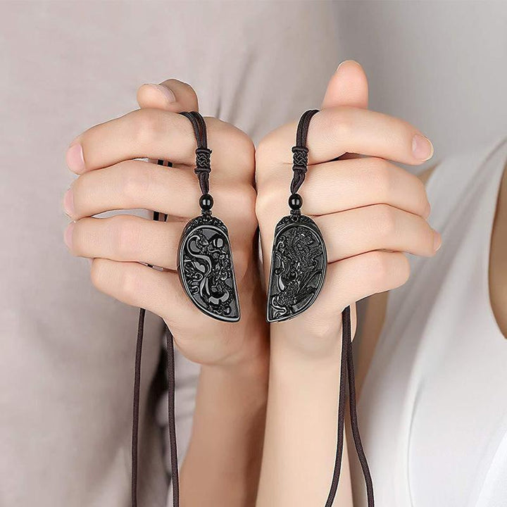 Halbes Herz Paar Halskette - Obsidian Drache & Phoenix Anhänger Set - Necklace - TaoTempel