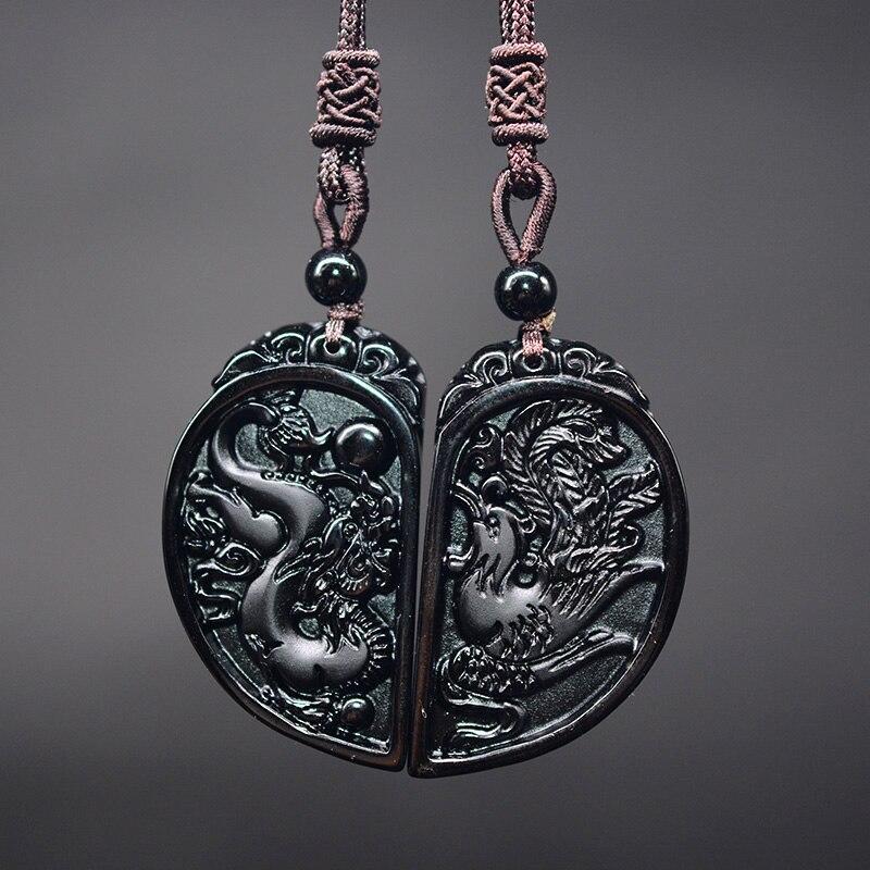 Halbes Herz Paar Halskette - Obsidian Drache & Phoenix Anhänger Set - Necklace - TaoTempel