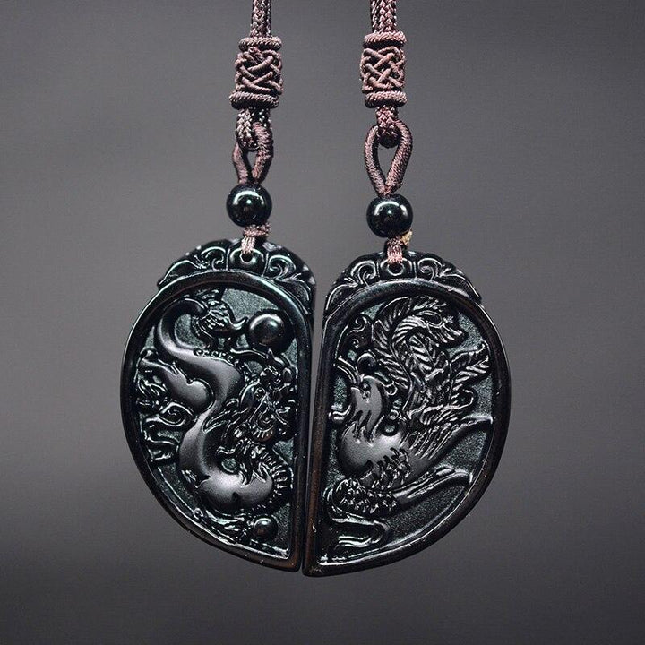 Halbes Herz Paar Halskette - Obsidian Drache & Phoenix Anhänger Set - Necklace - TaoTempel