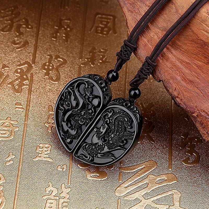 Halbes Herz Paar Halskette - Obsidian Drache & Phoenix Anhänger Set - Necklace - TaoTempel