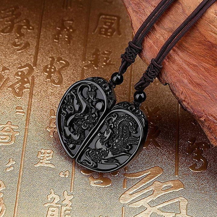 Halbes Herz Paar Halskette - Obsidian Drache & Phoenix Anhänger Set - Necklace - TaoTempel