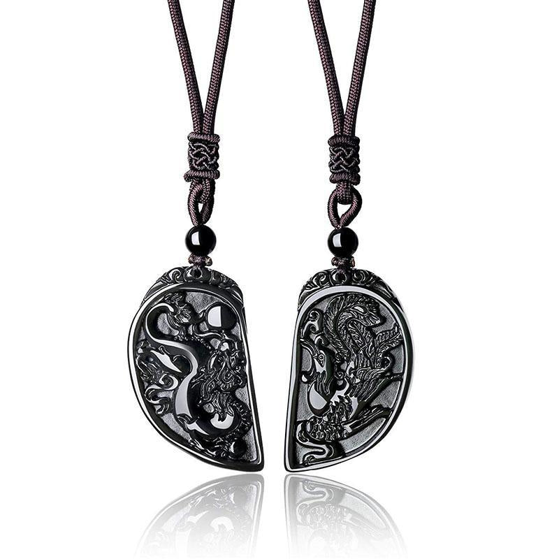 Halbes Herz Paar Halskette - Obsidian Drache & Phoenix Anhänger Set - Necklace - TaoTempel