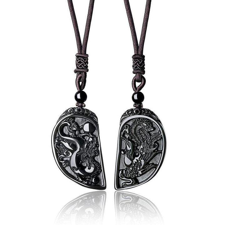 Halbes Herz Paar Halskette - Obsidian Drache & Phoenix Anhänger Set - Necklace - TaoTempel