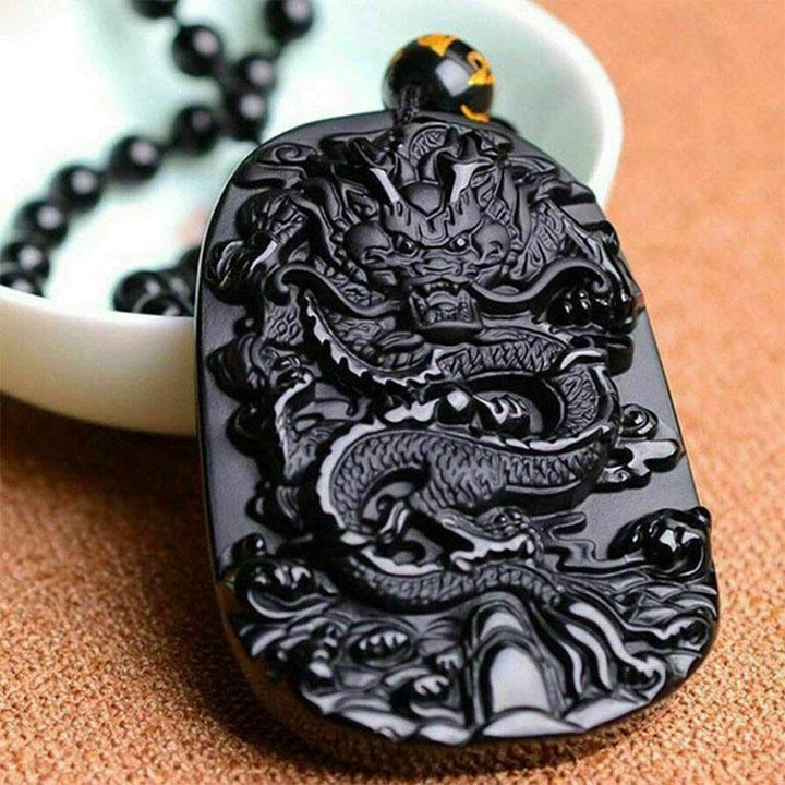 Natürliche Schwarze Obsidian Drachen Halskette - Schutz, Glück & Erfolg - Necklace - TaoTempel