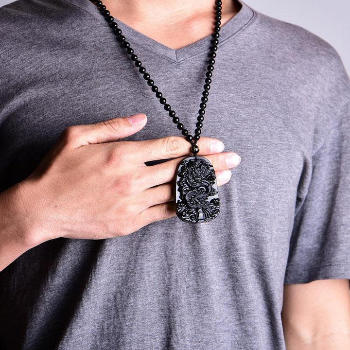 Natürliche Schwarze Obsidian Drachen Halskette - Schutz, Glück & Erfolg - Necklace - TaoTempel