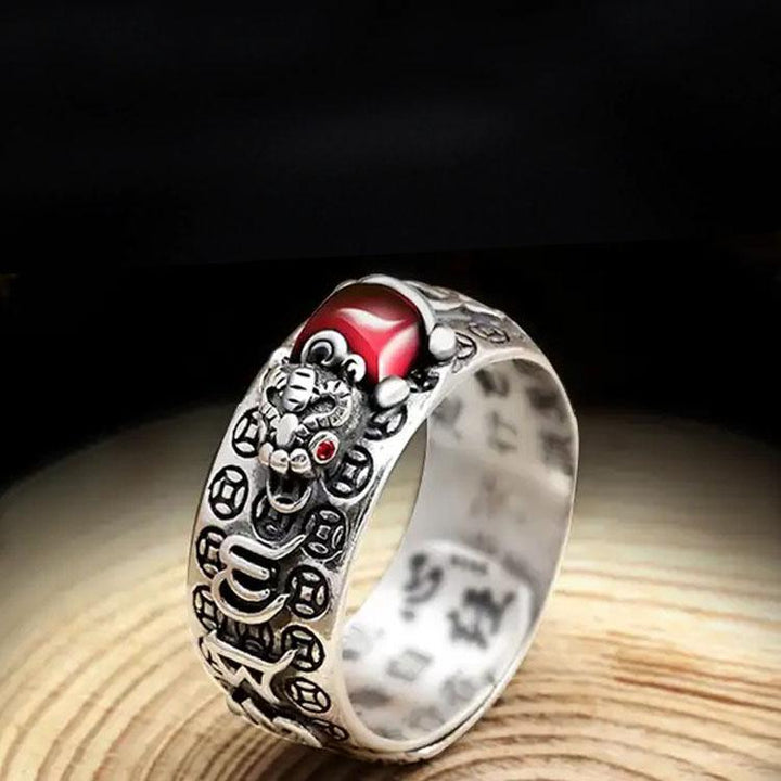 Natürlicher Granat Pixiu Ring - Feng Shui Ring für Reichtum - Ring - TaoTempel