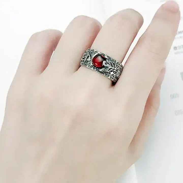 Natürlicher Granat Pixiu Ring - Feng Shui Ring für Reichtum - Ring - TaoTempel