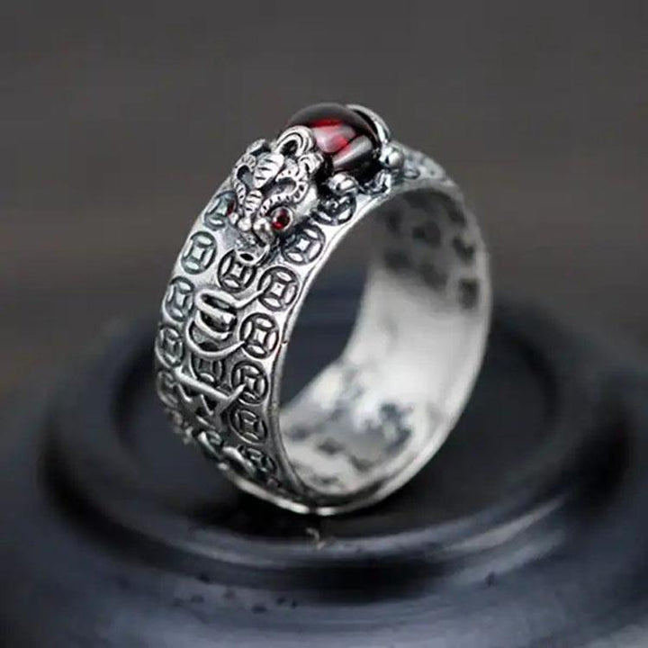 Natürlicher Granat Pixiu Ring - Feng Shui Ring für Reichtum - Ring - TaoTempel