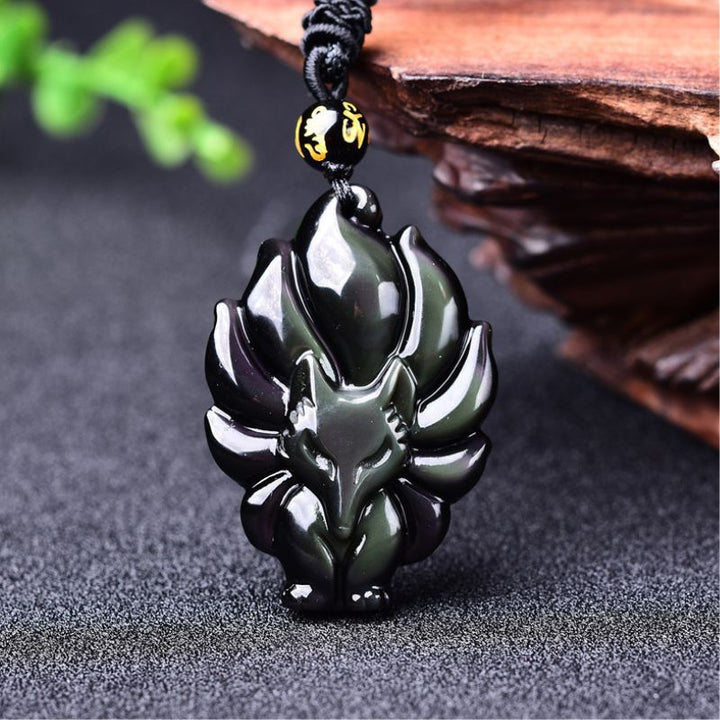 Neunschwänzige Fuchs Halskette aus Regenbogen Obsidian - Necklace - TaoTempel