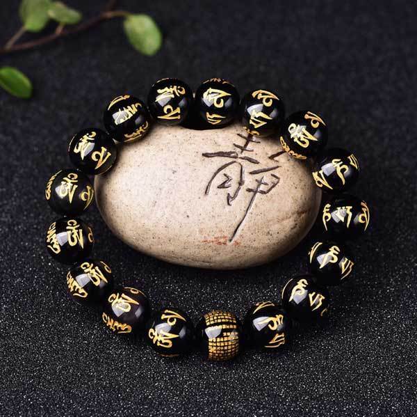 Obsidian Perlen Armband Handgefertigtes mit Mani Mantra Gravur - Bracelet - TaoTempel
