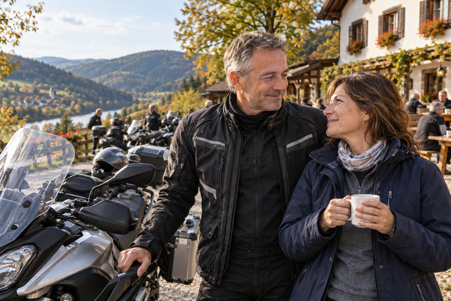 Motorradpaar bei einer Tourenpause vor einem Landgasthof