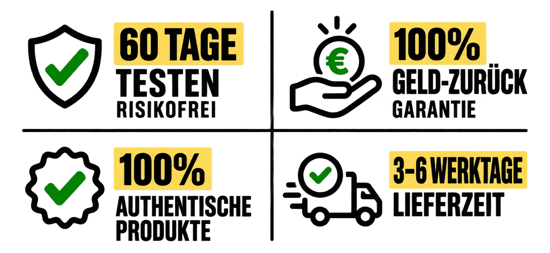 60 Tage testen risikofrei, Geld-zurück-Garantie, 100% authentische Produkte, 3-6 Werktage Lieferzeit