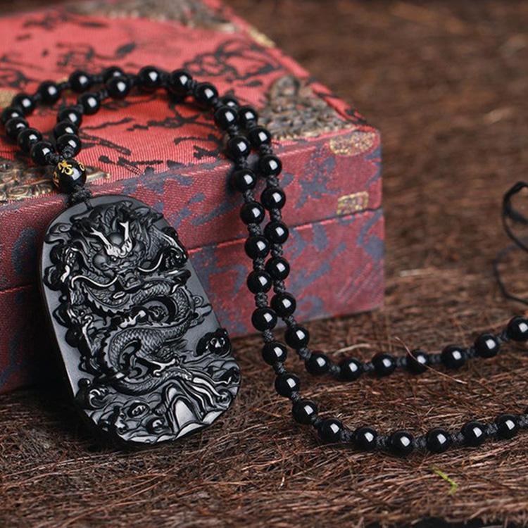 Natürliche Schwarze Obsidian Drachen Halskette - Schutz, Glück & Erfolg - Necklace - TaoTempel