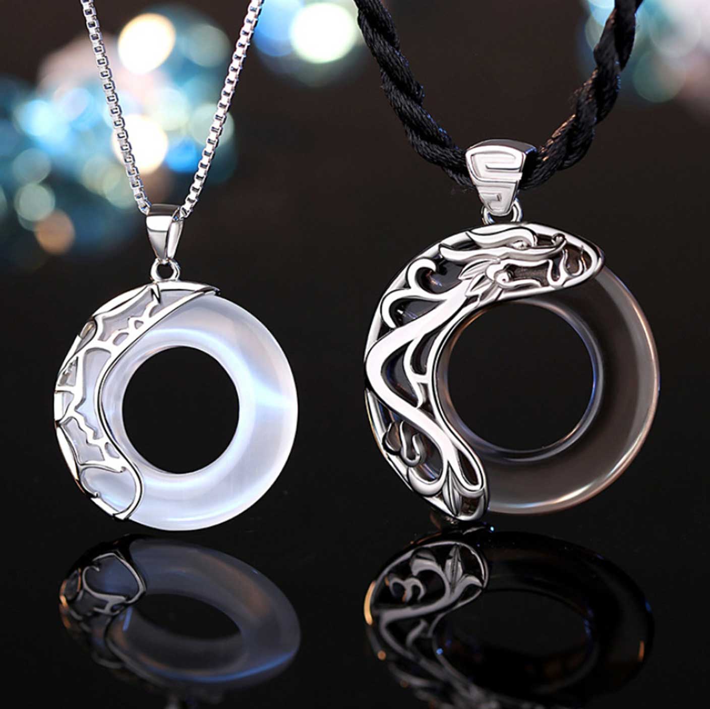 Drachen und Phönix Paar Halskette - Obsidian & Opal Anhänger zum Schutz - Necklace - TaoTempel