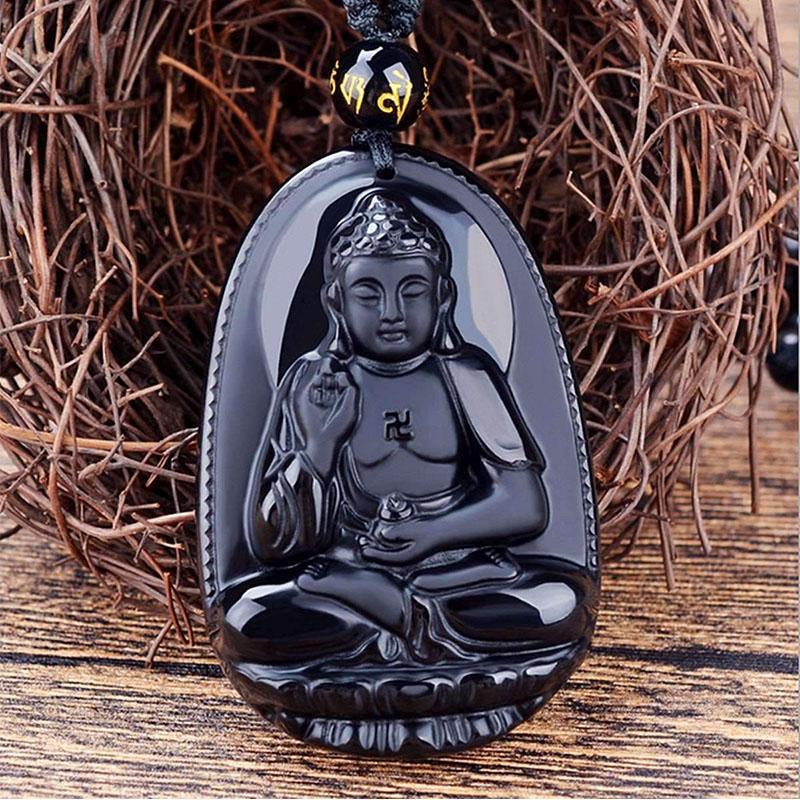 Schwarzer Obsidian Buddha Halskette - Schutz & Mut - Necklace - TaoTempel
