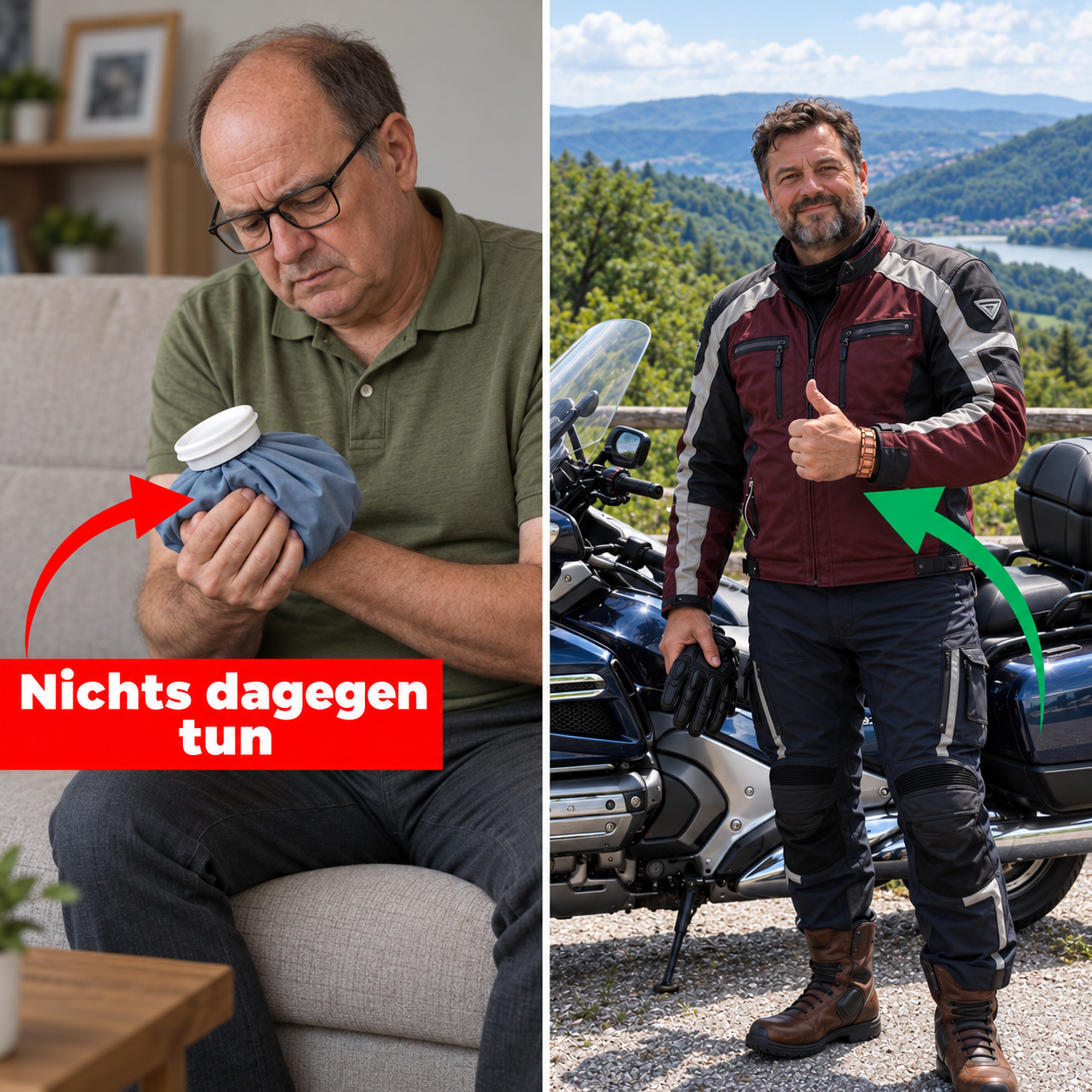 Zwei unterschiedliche Männer: links mit Kühlbeutel am Handgelenk, rechts ein Motorradfahrer mit Kupferarmband